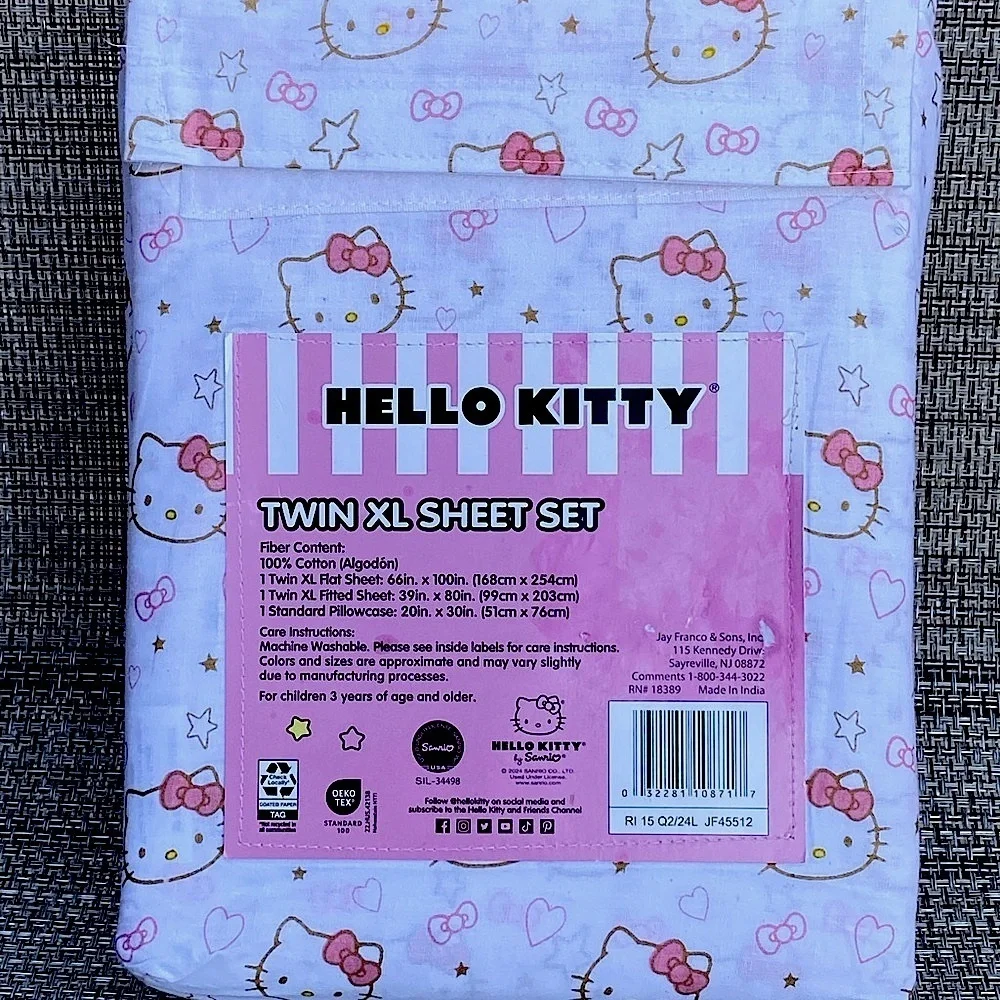 Hello Kitty by Sanrio 100% Cotton Pink Gold TWIN XL Sheet Set 3pc